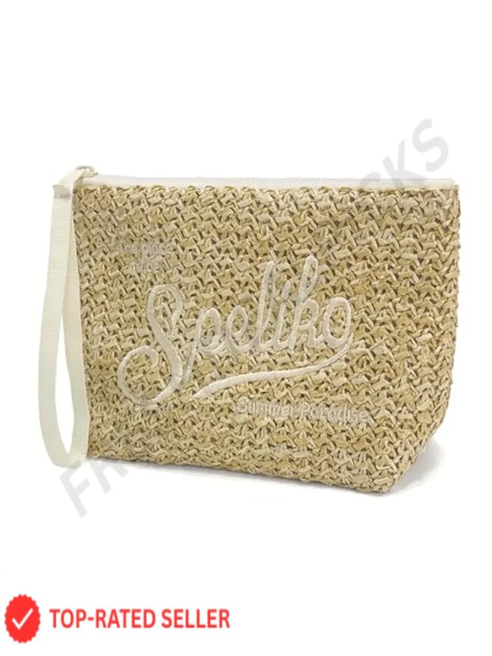 Handwoven Straw Cosmetic Bag with Wrist Strap